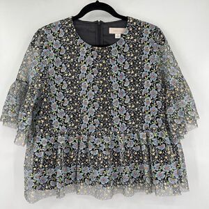 Anthropologie Mignon Doo Women's Embroidered Flower Lace Overlay Black Top M